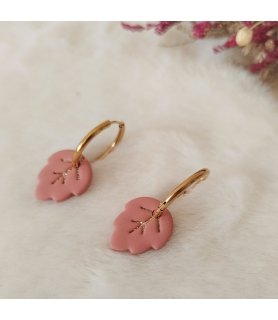 Boucles d'oreilles feuilles marron paillettes doré et acier inox doré