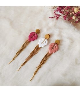 Boucles d'oreilles longues et légères en argile polymère marron, rose, blanc, paillettes et acier inox doré
