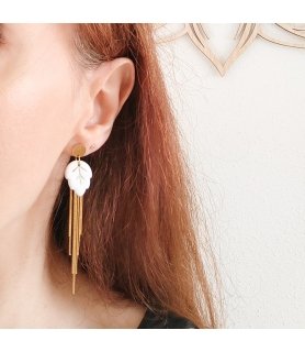 Boucles d'oreilles feuilles blanches et paillettes, acier inox doré. Idée cadeau femme Noël