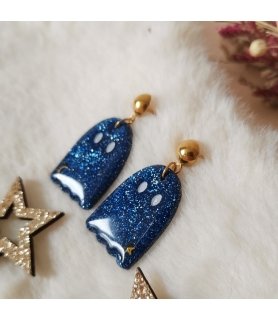 Boucles d'oreilles Yurei fantome mignon en argile polymère, paillettes, resine et acier inox